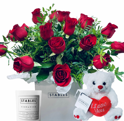 Luxe Love Package - Luxury Red Naomi Roses, Stables Signature Candle and Love Bear