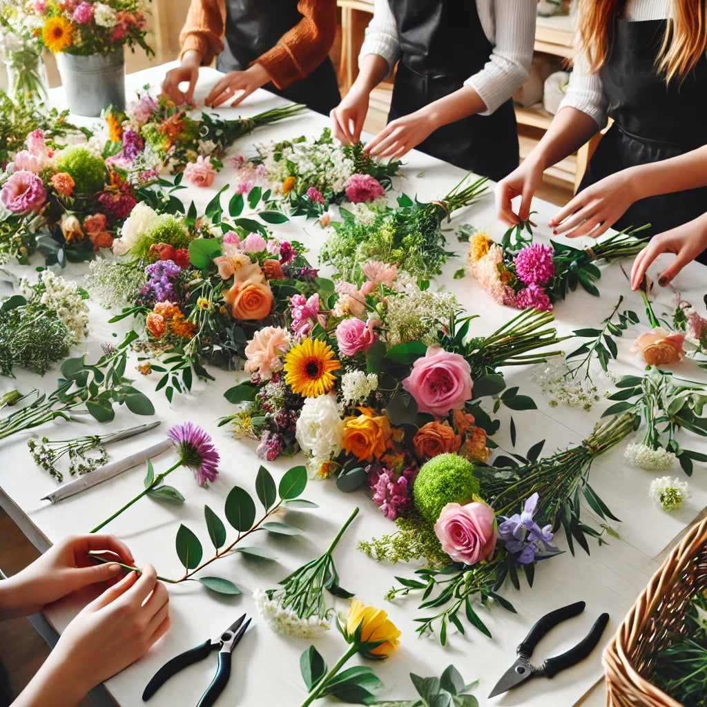 Fresh flowers laid down on a table with flower arrangers hands 